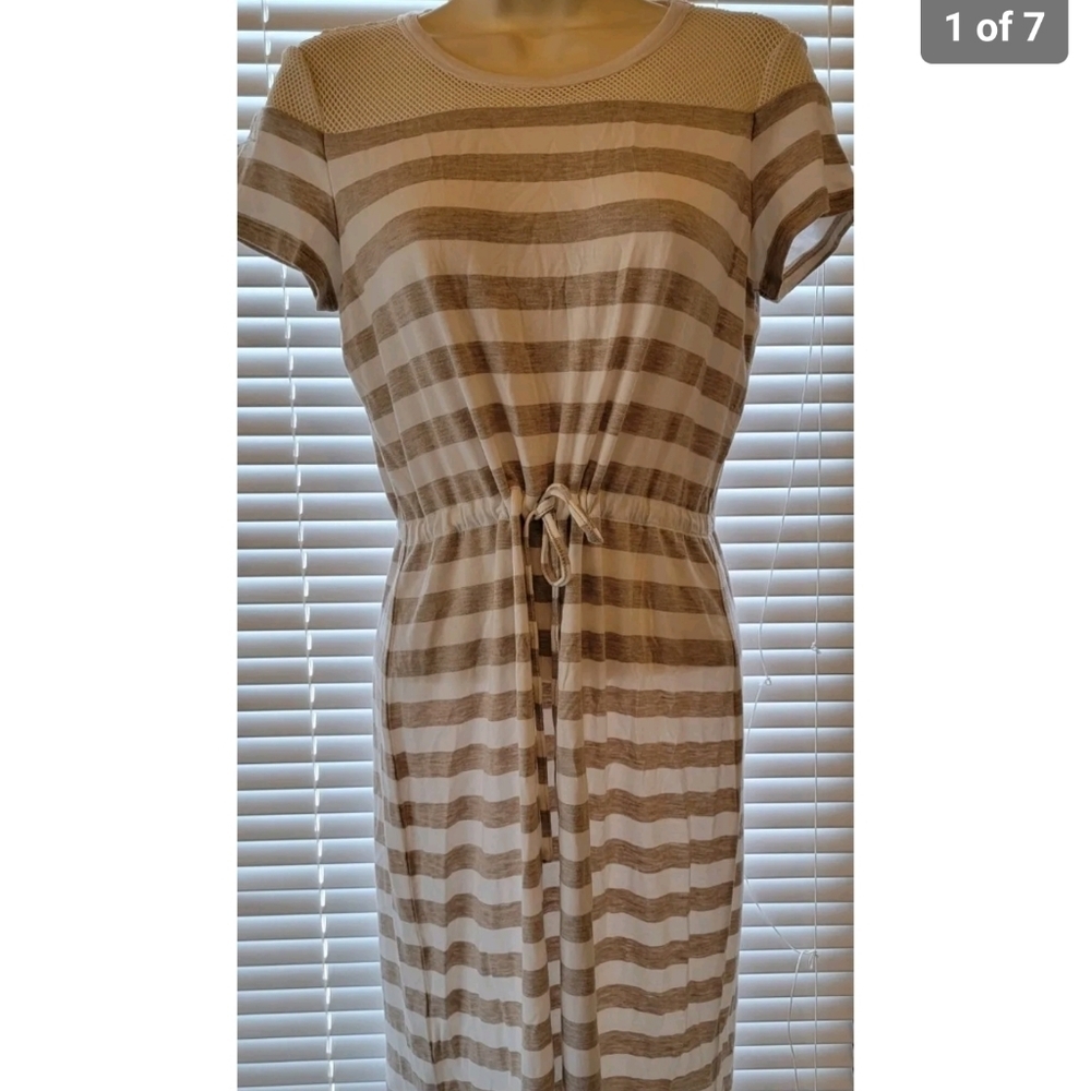 Calvin Klein Brown White Striped Drawstring Waist Stretch Dress Size 6